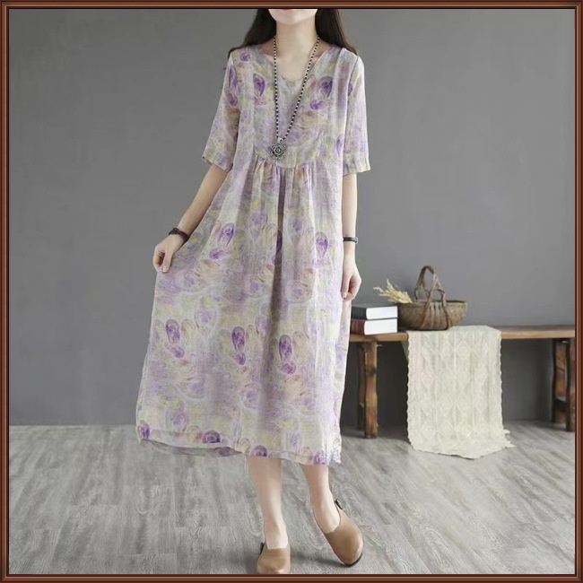 Đầm Midi Tay Ngắn Eo Cao In Họa Tiết Hoa Phong Cách Dân Tộc Cổ Điển Thời Trang Mùa Hè Cho Nữ