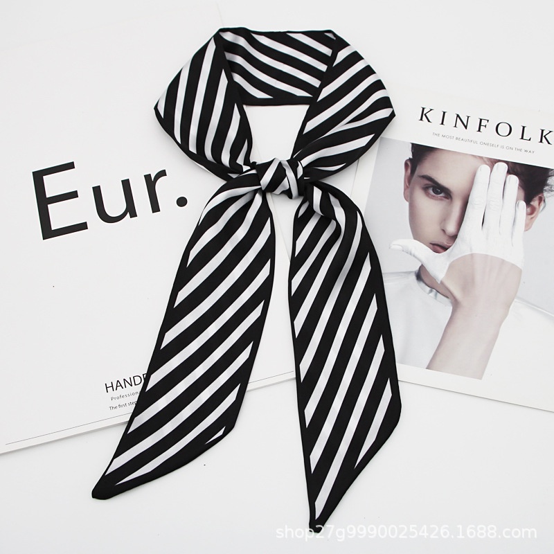 Khăn Quàng Cổ Dài Thắt Nơ Ruy Băng Đen Trắng Bằng Lụa