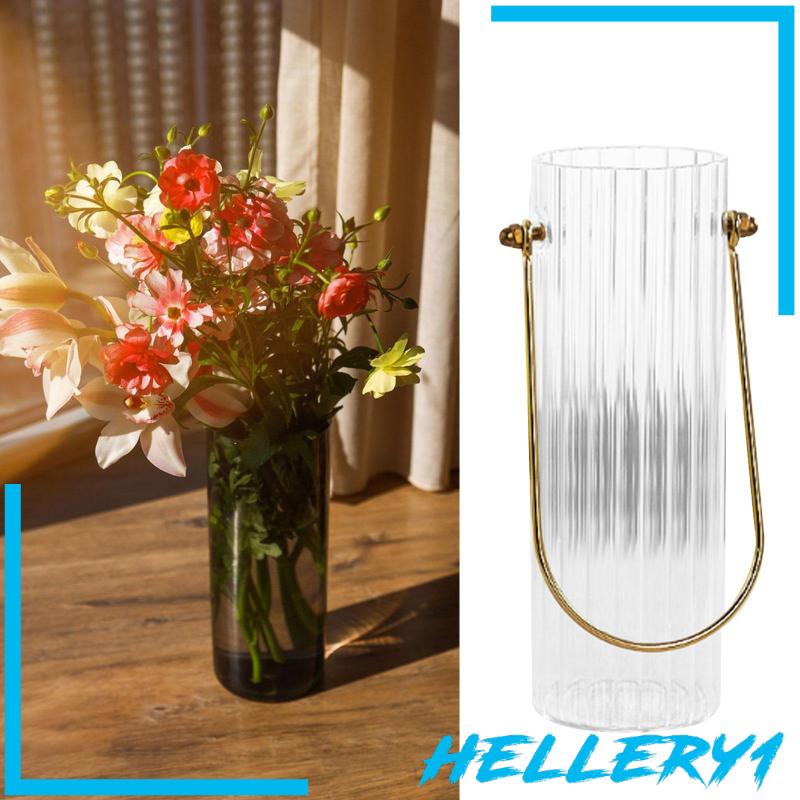 Bình Hoa Thủy Tinh Trong Suốt Hình Trụ Với Tay Cầm Kim Loại Chắc Chắn