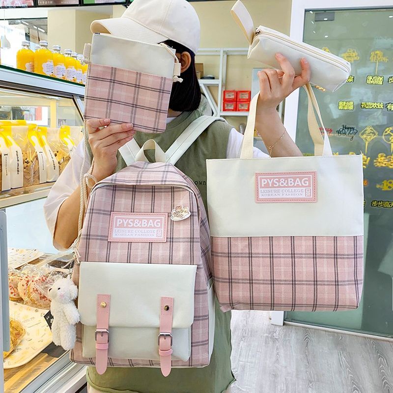 Junior high school schoolbag female student Korean high school student campus canvas plaid backpack backpack