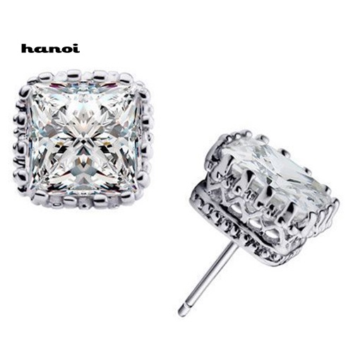 Khuyên Tai Hình Vương Miện Vuông Rỗng Đính Đá Zircon Cho Nữ