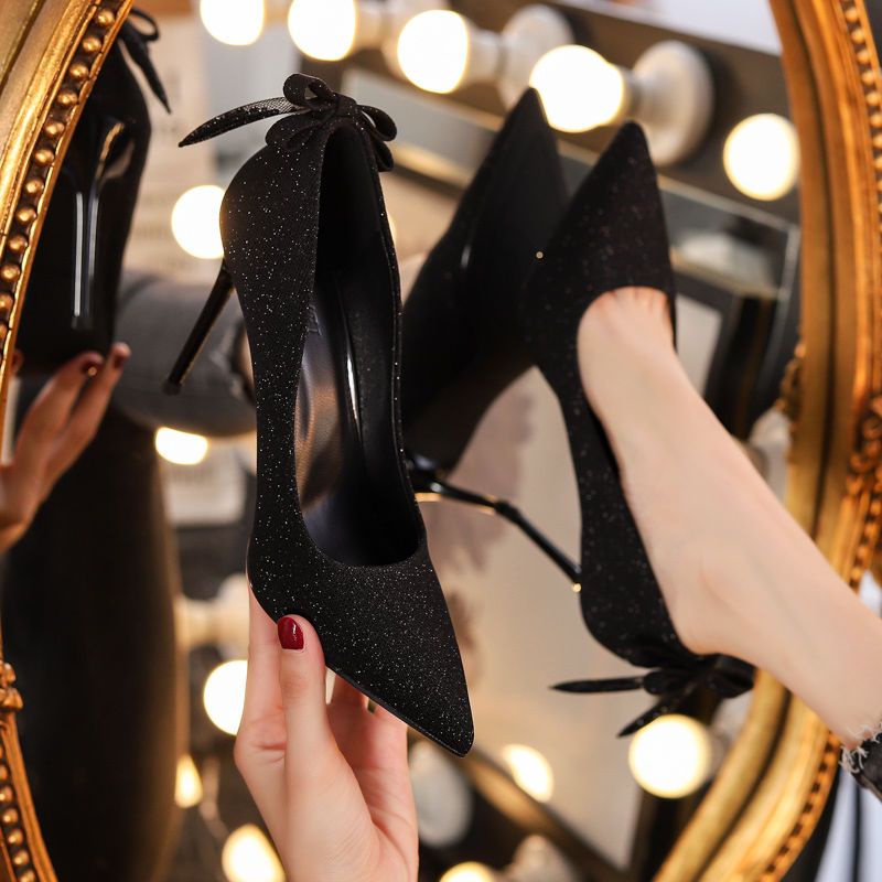 Giày Cao Gót Mũi Nhọn Đính Nơ Thời Trang Pháp Cho Nữ