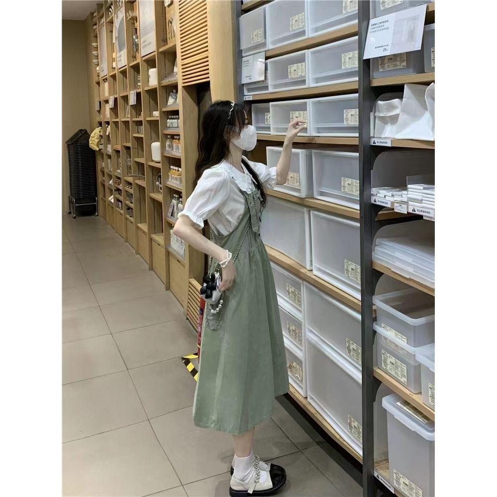Thời trang đại học phong cách búp bê cổ áo sơ mi + dây treo ngọt ngào váy dài hai mảnh bộ phụ nữ