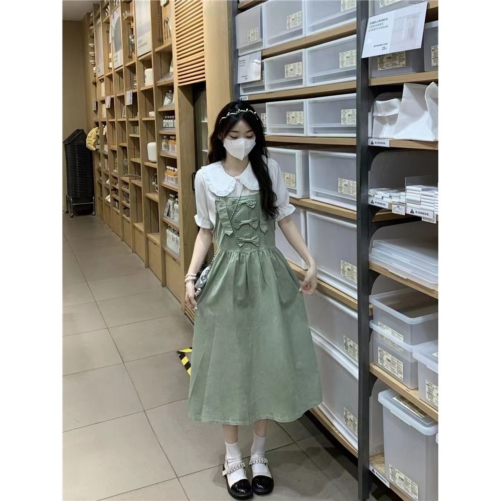 Thời trang đại học phong cách búp bê cổ áo sơ mi + dây treo ngọt ngào váy dài hai mảnh bộ phụ nữ