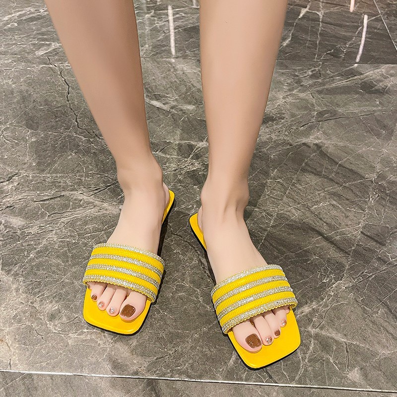 Dép Sandal Đế Bằng Mũi Vuông Đính Đá Phong Cách Thời Trang Hàn Quốc Có size Lớn 35-42 Dành Cho Nữ