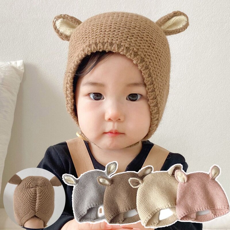 Mũ Beanie Dệt Kim Màu Trơn Đính Tai Thỏ Hoạt Hình Giữ Ấm Mùa Thu Đông Cho Bé Sơ Sinh