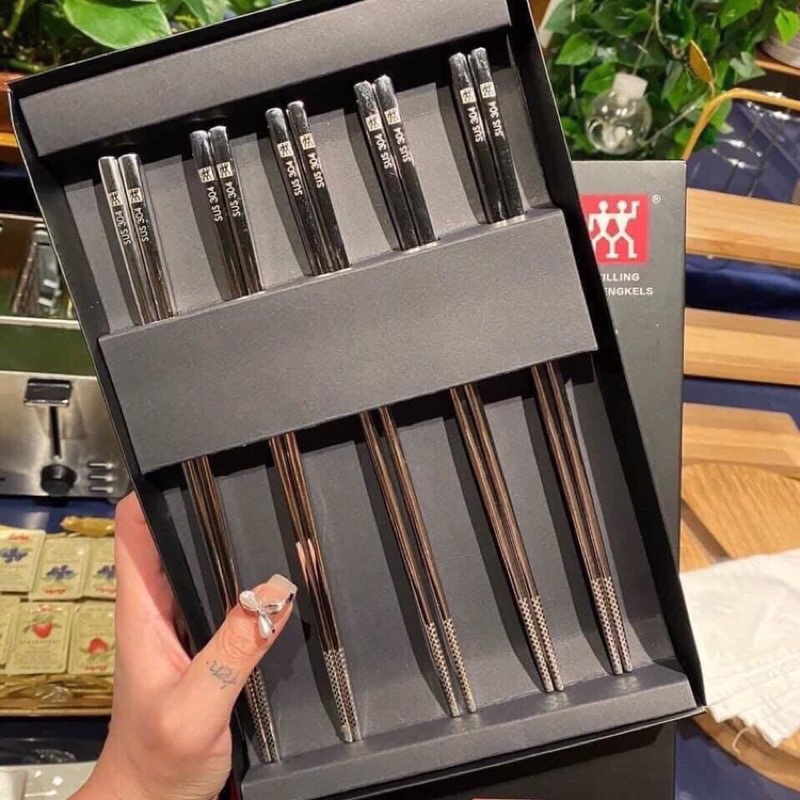Hộp 5 đôi Đũa Inox 304 Zwilling lõi Đặc Chống Trơn Trượt Thương Hiệu Đức Hàng Cao Cấp Bền Bỉ Chất Lượng