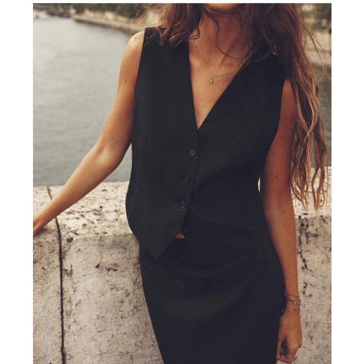 Zara Bộ Áo Lanh Không Tay + Chân Váy Lưng Cao Xinh Xắn Dành Cho Nữ7839967 7828967