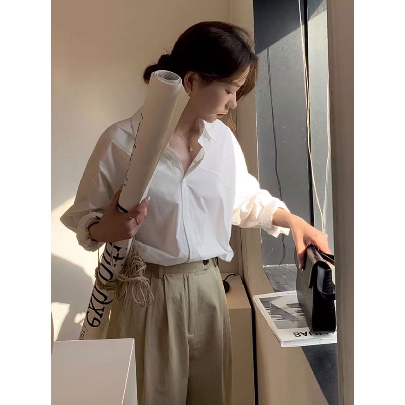 SUXI Áo Sơ Mi Trắng Tay Dài Dáng Rộng Thiết Kế Đơn Giản Thời Trang Mùa Thu Mới