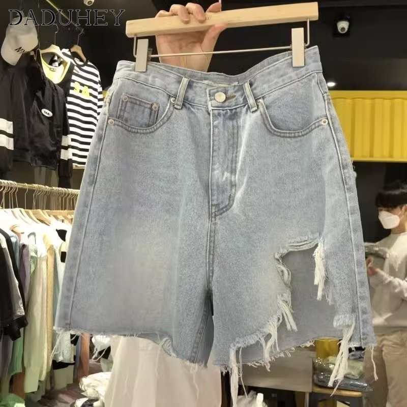 DaDuHey New American Ins Retro Ripped Denim Shorts Niche High Waist Wide Leg Pants Large Size Hot Pants