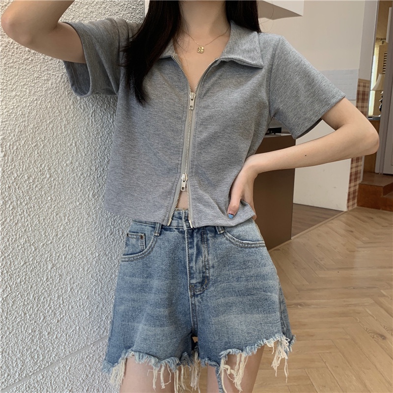 Áo polo Ngắn Tay Dáng Ôm Phối Khóa Kéo Thời Trang Mùa Hè Dành Cho Nữ