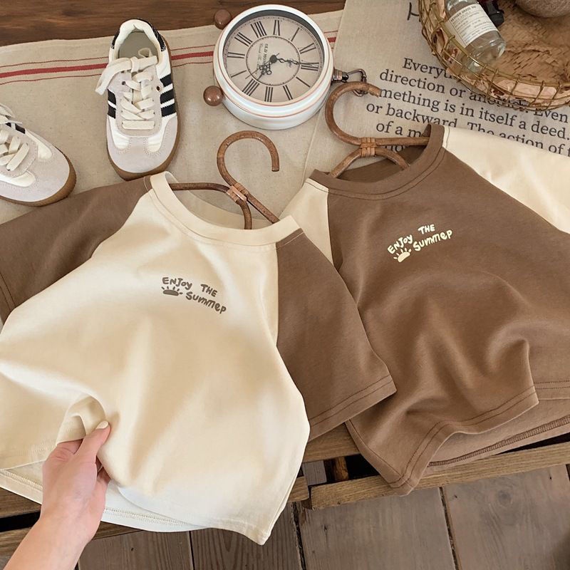 Thích hợp cho quần áo trẻ em 5-40kg 2023 mùa hè mới cotton tinh khiết bé trai t-shirt trẻ em tay ngắn hàn quốc cô gái giản dị chắp vá xu hướng thời trang hàng đầu