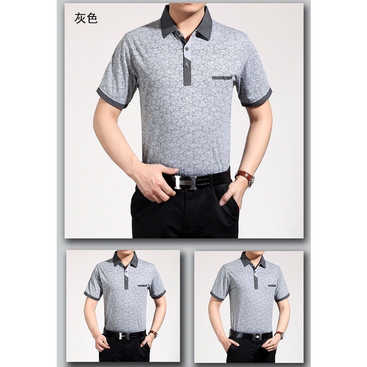 Áo Thun Polo Vải Lụa Lạnh Dáng Rộng In Họa Tiết Có Túi Thời Trang Mùa Hè Cho Nam Trung Niên