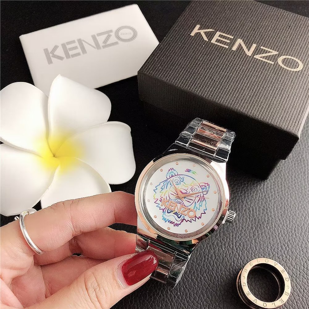 Đồng Hồ Đeo Tay Mặt Tròn In Hình Kenzo Dây Da Thời Trang Cho Cặp Đôi