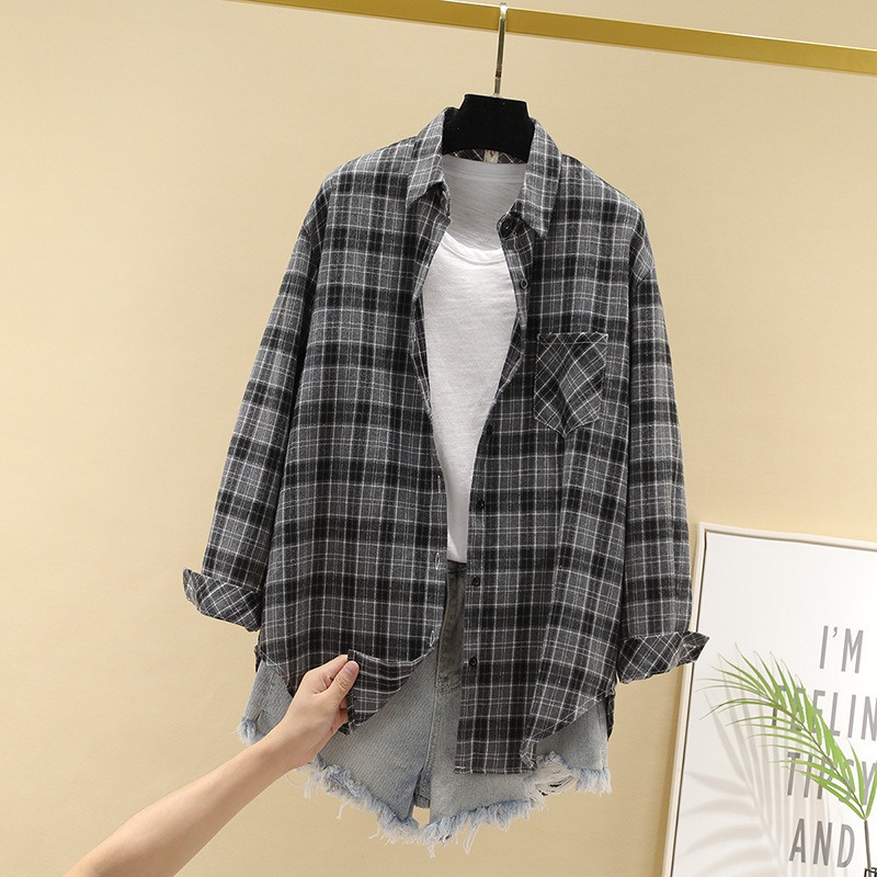 Áo Sơ Mi Cotton Tay Dài Kẻ Sọc Caro Phối Nút Thoải Mái Thời Trang Cho Nữ