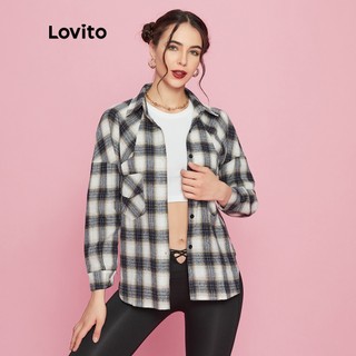 (Gợi ý từ KOL) Lovito Preppy Áo sơ mi oversize kẻ sọc đơn giản màu xám L09124