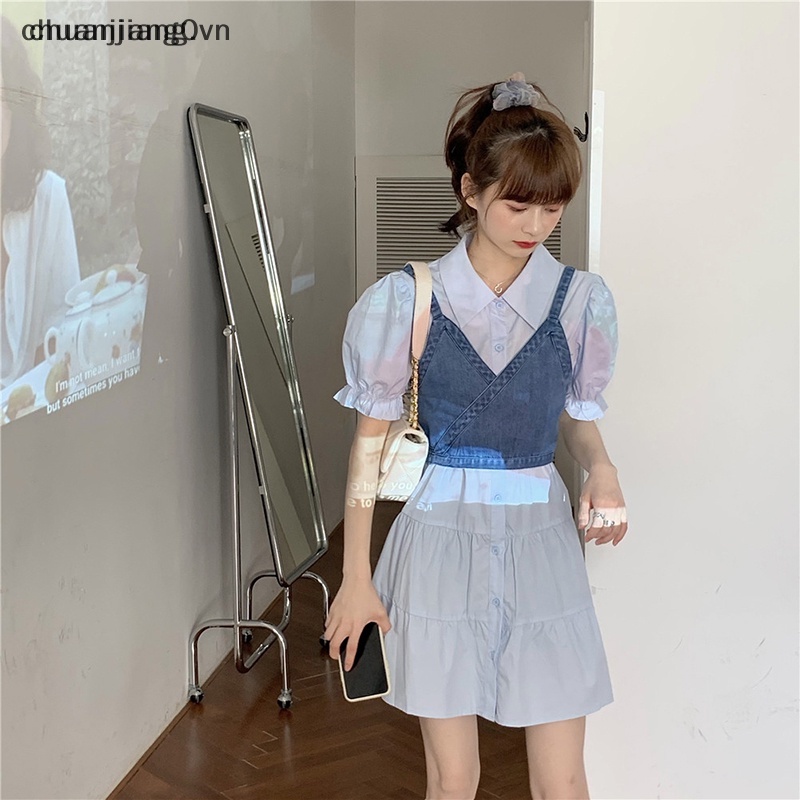 Đầm Denim Mini Dáng Chữ A Tay Phồng Lưng Cao Thời Trang Mùa Hè Cho Nữ