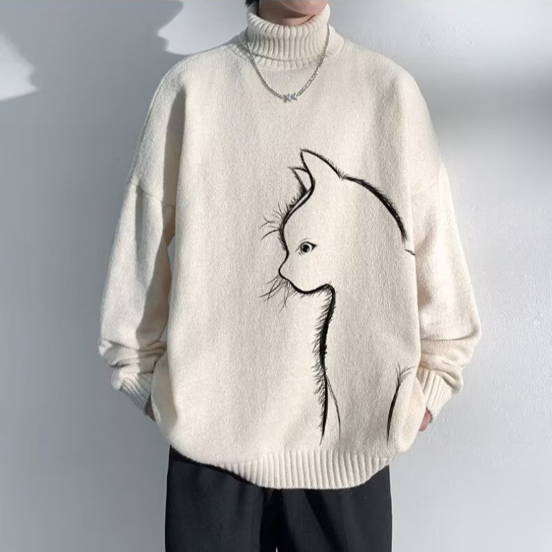 Áo Sweater Dệt Kim Dày Dặn Dáng Rộng Màu Đen Thời Trang Mùa Đông Cho Nam Giới