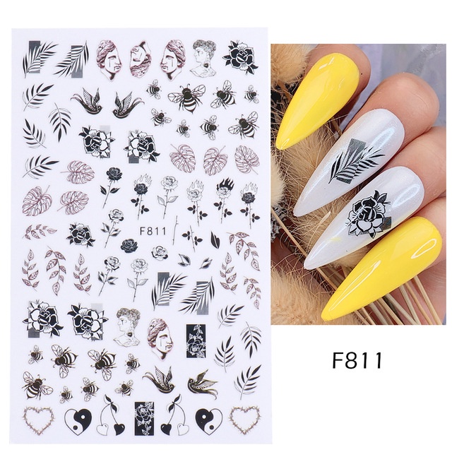Miếng Dán Trang Trí Móng Tay 3D Màu Trắng Đen Hình Hoa Lá Đẹp Mắt