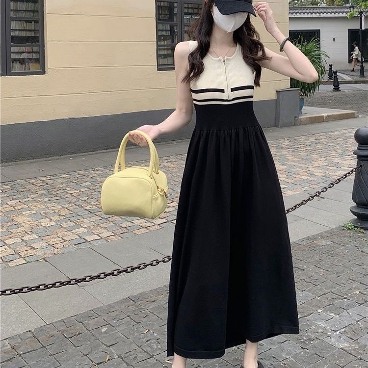 Đầm Midi Không Tay Màu Sắc Tương Phản Phong Cách Pháp Cổ Điển Thời Trang Mùa Hè Cho Nữ