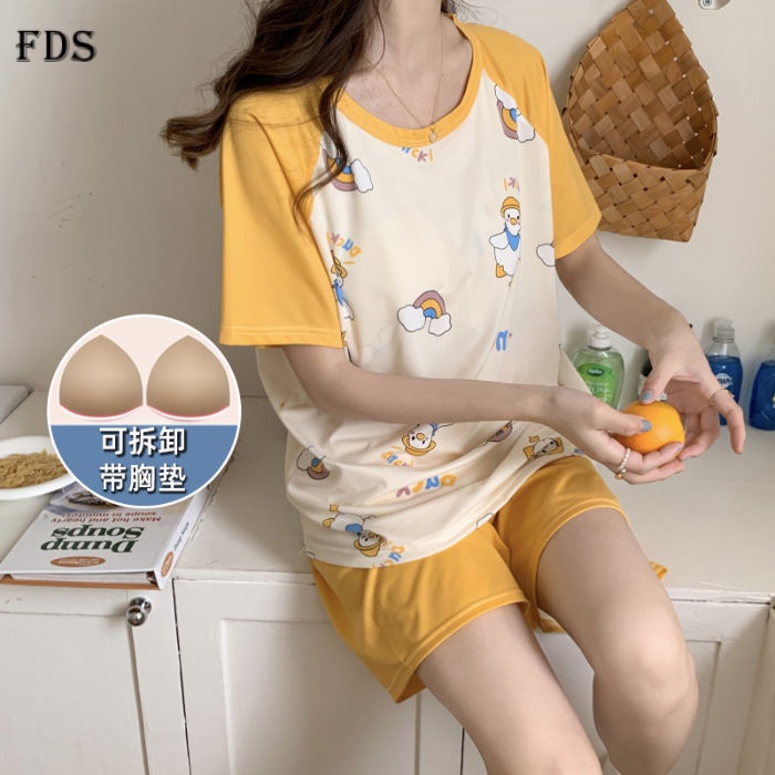 Fds fds bộ đồ ngủ nữ mùa hè quần đùi ngắn tay có đệm ngực bộ mới sinh viên giản dị hai-mảnh bộ đồ mặc nhà hoạt hình dễ thương
