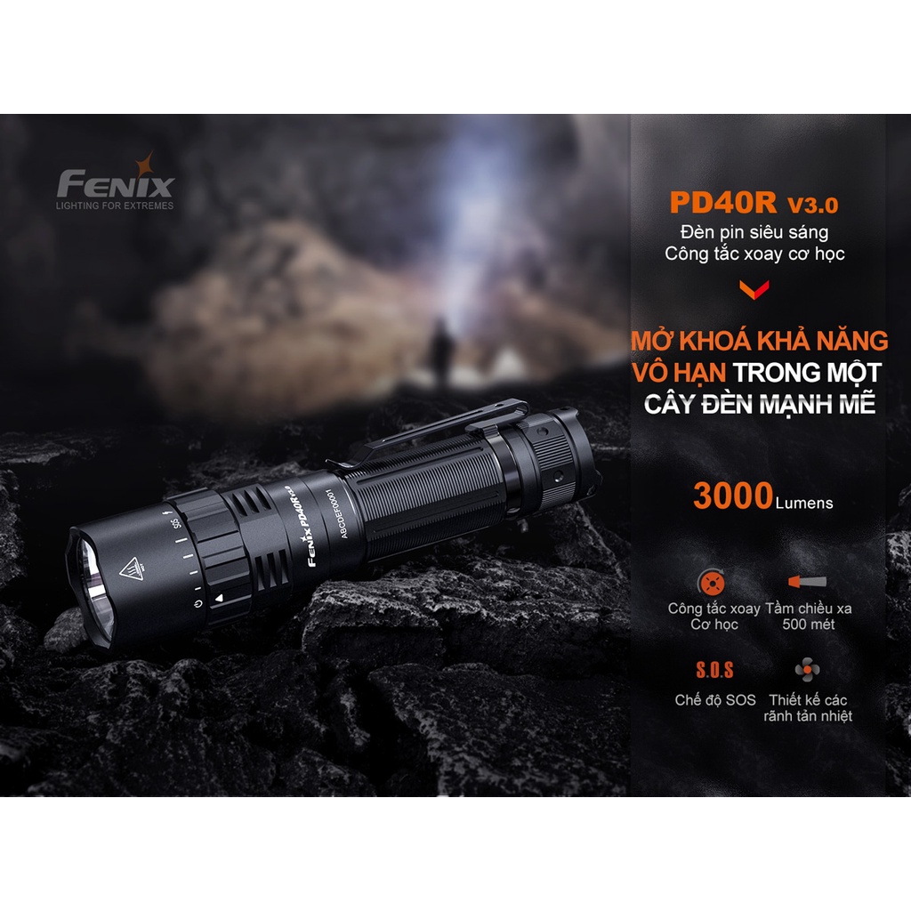 Đèn pin FENIX PD40R V3.0 sáng 3000lm chiếu xa 500m sạc USB-C pin 21700 5000mAh