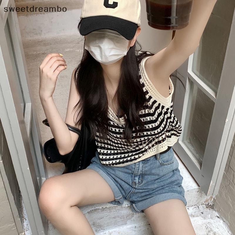 Áo hai dây dáng rộng không tay mùa hè cho nữ, áo hai dây dệt kim khoét lỗ sọc mùa hè