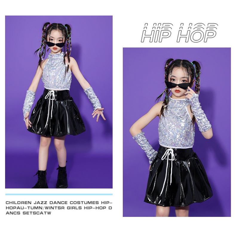 Trẻ em cô gái sequin trang phục phù hợp với vest không tay trên cùng với cuff váy da đen long lanh trang phục trẻ em hiphop jazz quần áo khiêu vũ đường phố hiện đại