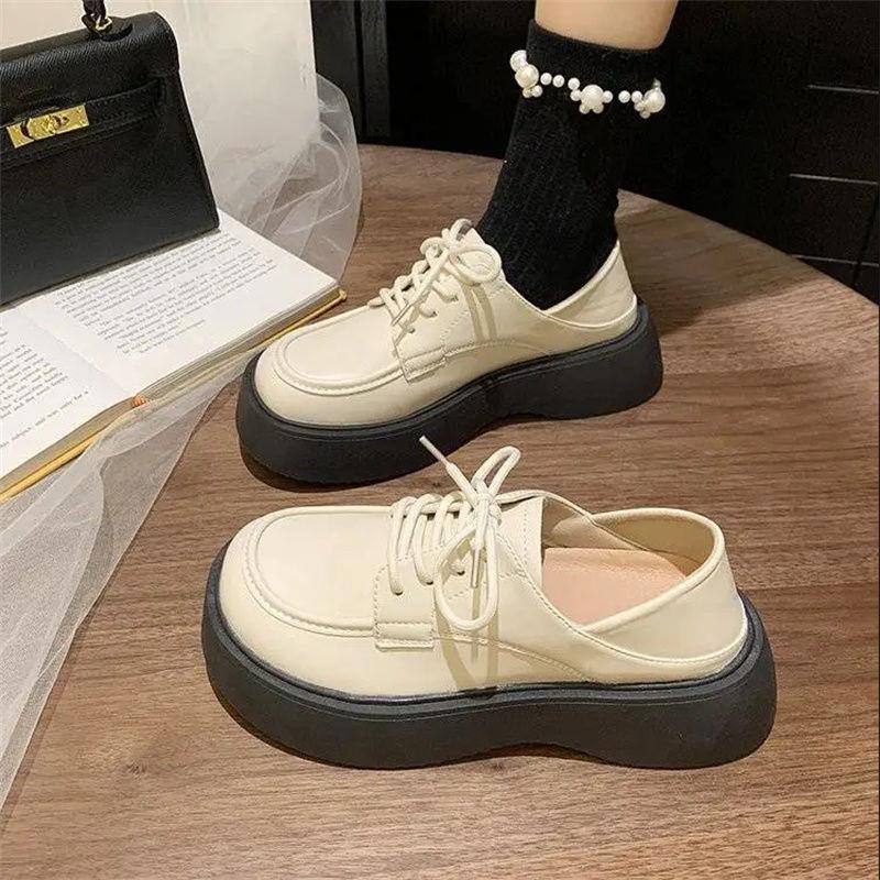 Giày da đế dày đế nhỏ tiếng anh pháp retro giày đơn màu trắng mùa hè 2023 giày slip-on cho phụ nữ