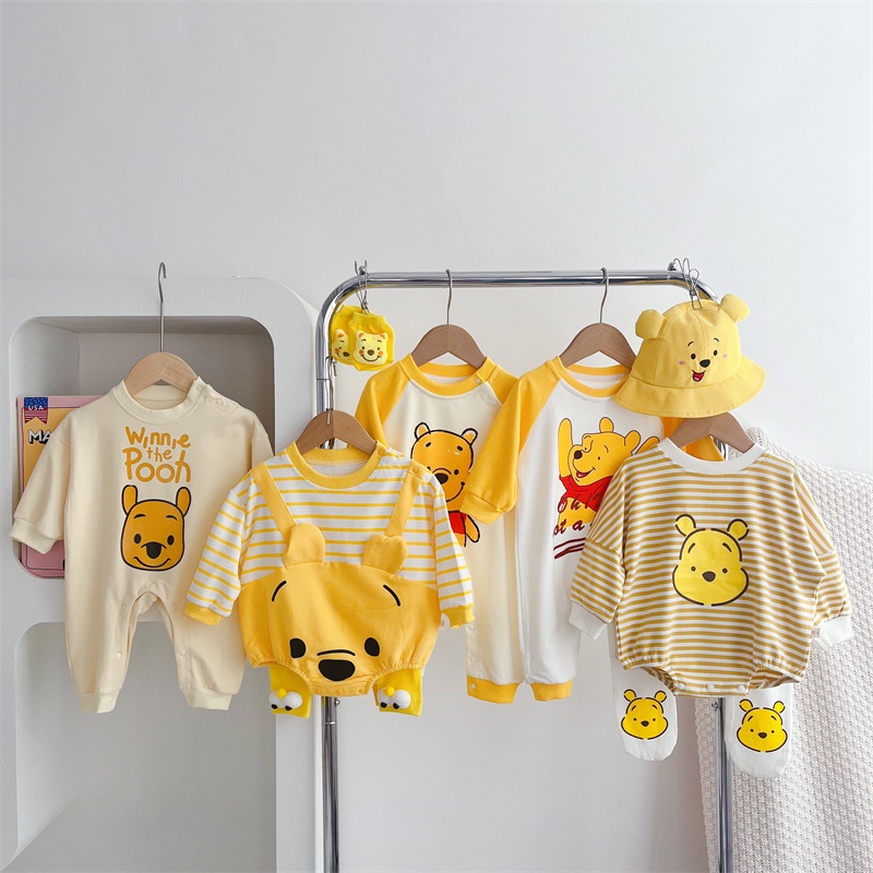 Pinpoo quần áo trẻ sơ sinh nam và nữ kho báu dài tay phim hoạt hình gấu vàng áo liền quần bông