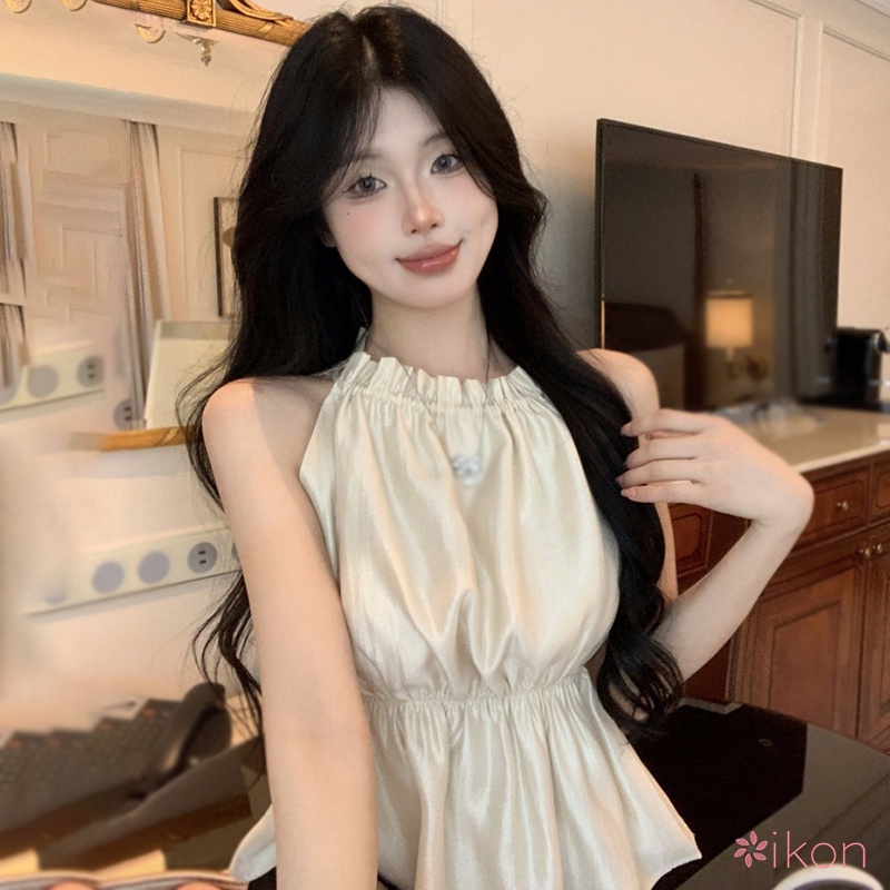 Áo vest nữ mùa hè treo cổ dây rút màu sắc gợi cảm hai lớp satin croptops