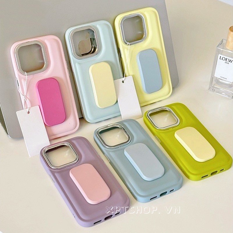 Simple macaron gấp giá đỡ vô hình mạ viền đệm không khí bảo vệ máy ảnh vỏ điện thoại tương thích cho iphone 14 13 12 11 pro max xr xi bảo hiểm đầy đủ vỏ mềm chống va đập