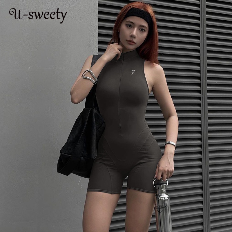 U-sweety women 2023 dark black sexy slim fit không tay cổ tròn playsuit