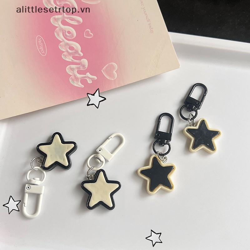 Alittlesetrtop dễ thương đơn giản ngôi sao đen trắng chìa khóa y2k vintage pentagram keychain túi mặt dây chuyền trang trí cô gái bé trai quà tặng.