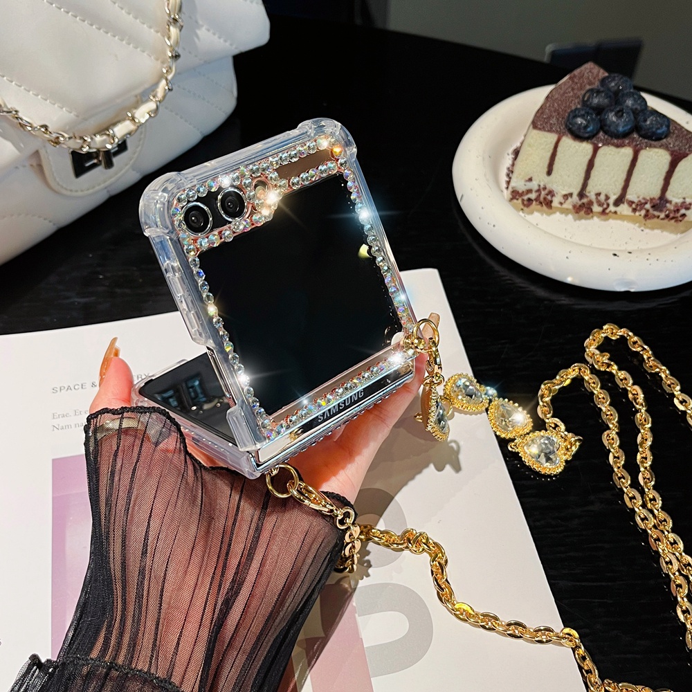 Hộp đựng gương bằng kim cương giả làm bằng tay cho samsung galaxy z flip 5 flip5 với dây treo vai đeo chéo