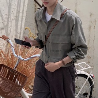 Áo sơ mi KYUSHUAD tay dài dáng rộng phối túi màu trơn thời trang cho nam