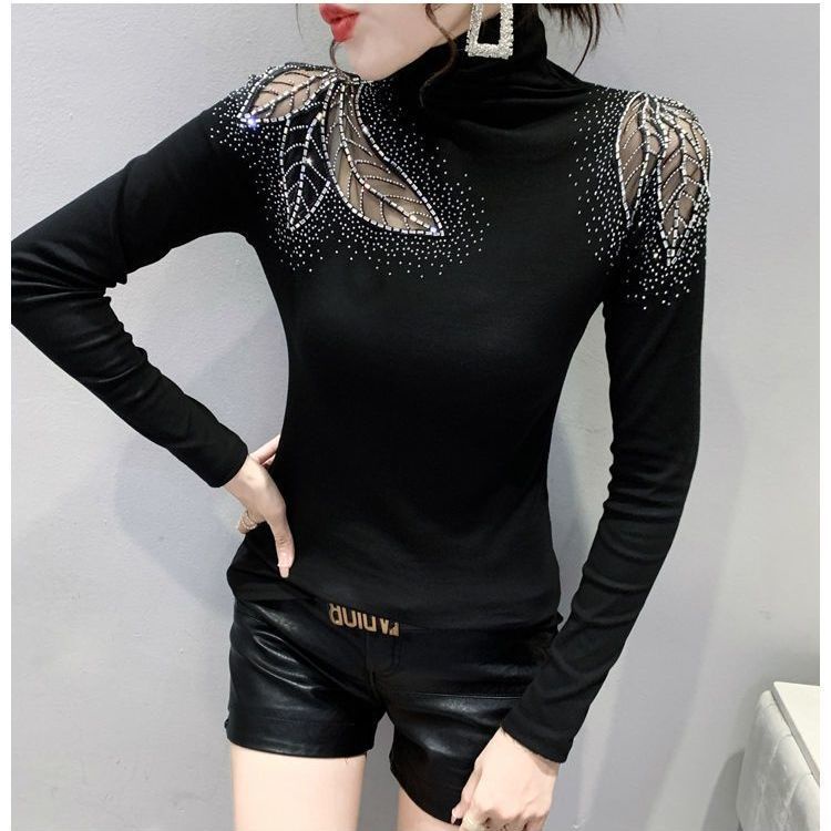 Áo Thun Tay Dài Cổ Cao Phối Ren Đính Đá Thời Trang Xuân Thu Quyến Rũ Cho Nữ