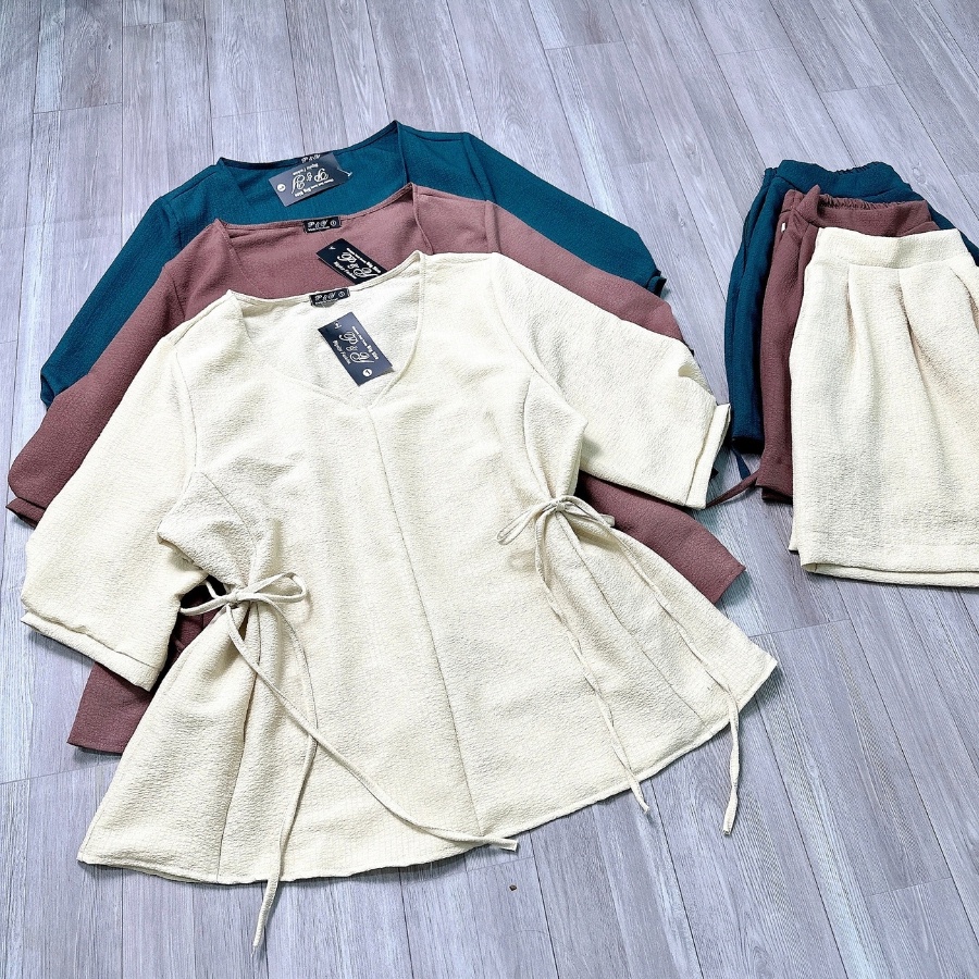 Set đồ thời trang Bigsize Cô Nhỏ gồm áo thun tay bồng dáng baby doll có dây nơ kèm quần đùi dáng chữ A SET59