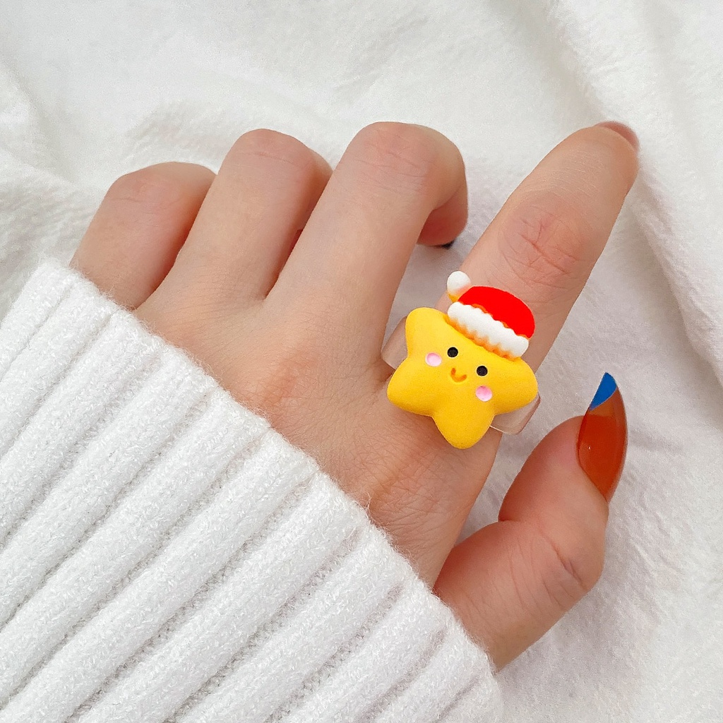 Hàn quốc instagram giáng sinh cá tính nhẫn hoạt hình dễ thương ông già noel elk snowman resin ring 100 với trang trí nữ bạn gái món quà giáng sinh