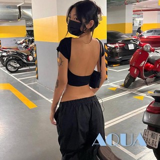 Anana-women backless skinny t-shirt slim crop tops màu đen áo ngắn tay