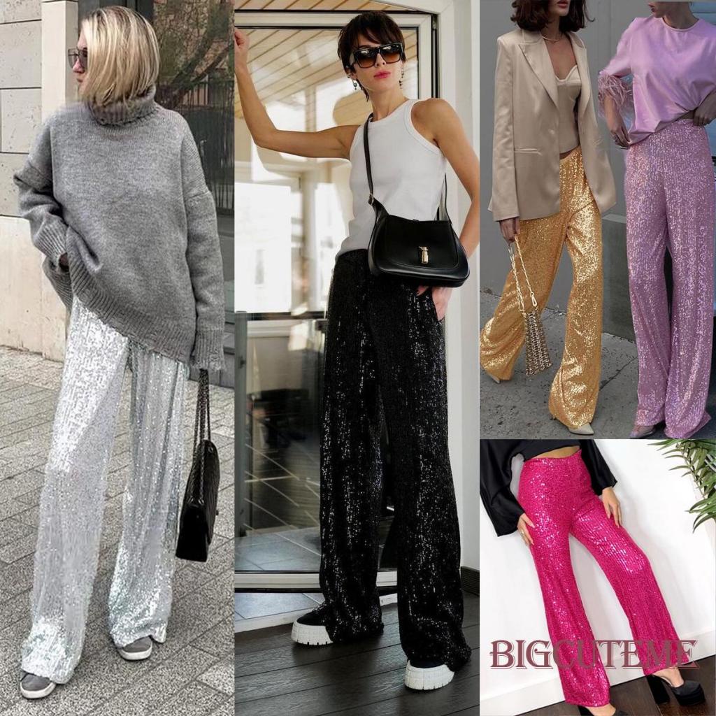 -phụ Nữ sequins quần ống rộng sáng bóng quần lưng cao co giãn đơn giản cho công sở thời trang dạo phố