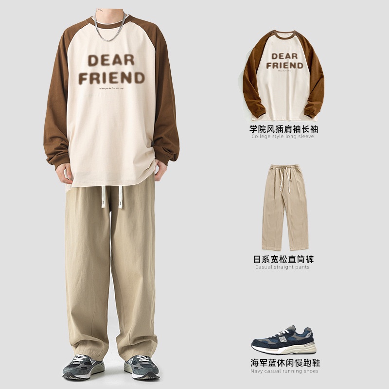 ◐Bộ Áo Thun cotton Tay Dài In Họa Tiết Phối Quần Dài Xếp Ly Thời Trang Xuân Hè Cho Nam