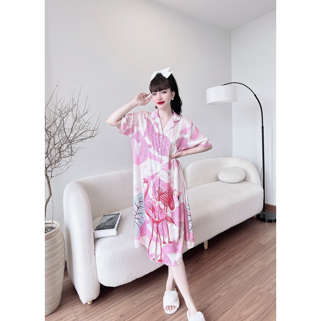 Đầm ngủ sơ mi lụa Olici váy mặc nhà bigsize suông rộng dáng dài in họa tiết 3D cao cấp | BigBuy360 - bigbuy360.vn