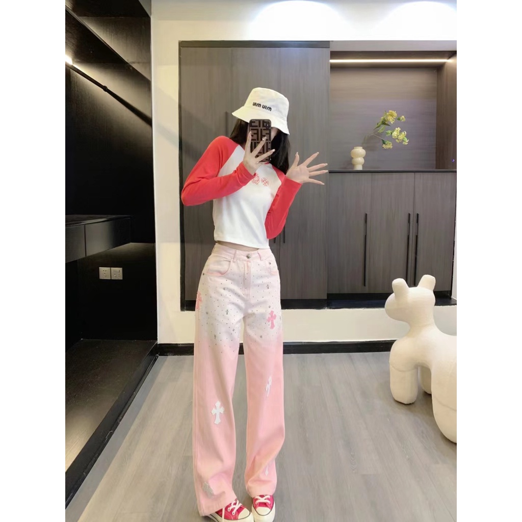 PGPK Chrome Hearts 23 autumn and winter New peeling embroidery logo decorative design fashion all-match straight pants women's jeans simple