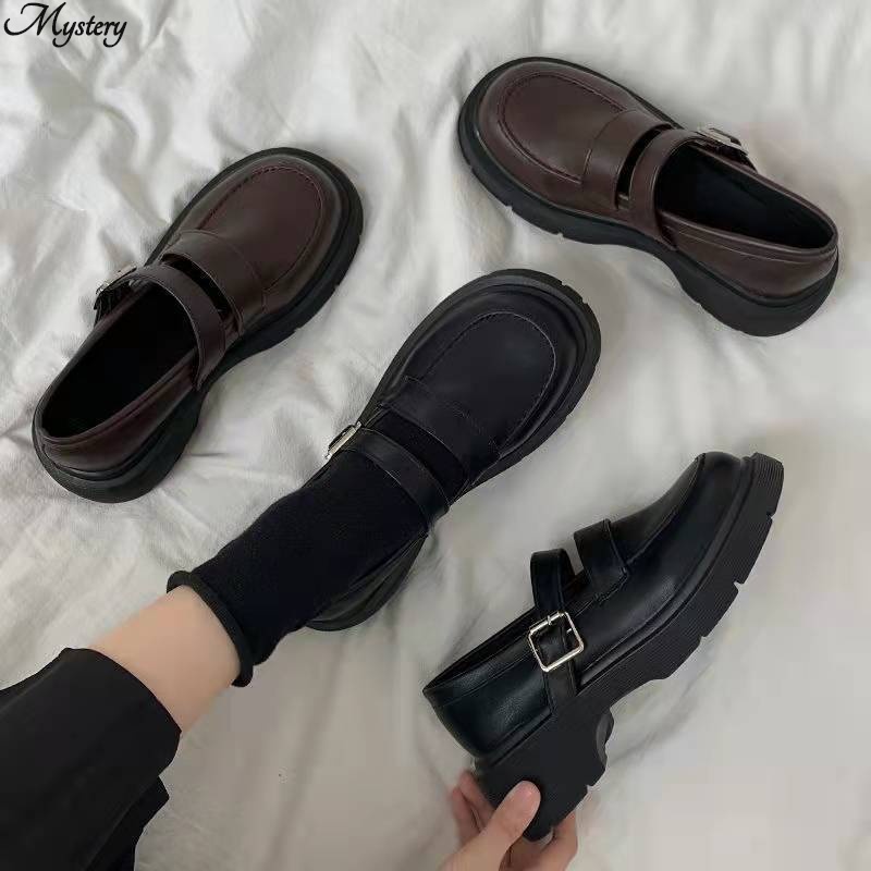 Giày bệt giày da nhỏ giày mary jane cổ điển màu đen của phụ nữ
