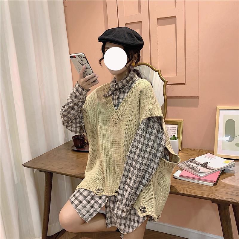 Set Áo Len Không Tay + Áo Sơ Mi Dài Tay Phong Cách Hàn Quốc Dành Cho Nữ