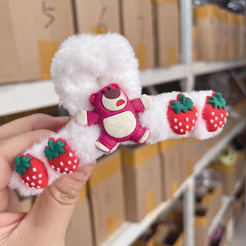 Dây Cột Tóc Lông Xù Hình Gấu / Dâu Tây Màu Hồng Dễ Thương Thời Trang Thu Đông