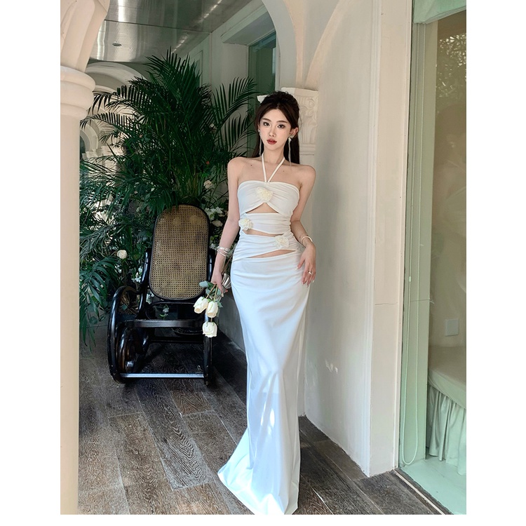 Chiclynana Đầm Hai Dây Dáng Dài Họa Tiết Hoa Thanh Lịch Quyến Rũ Cho Nữ