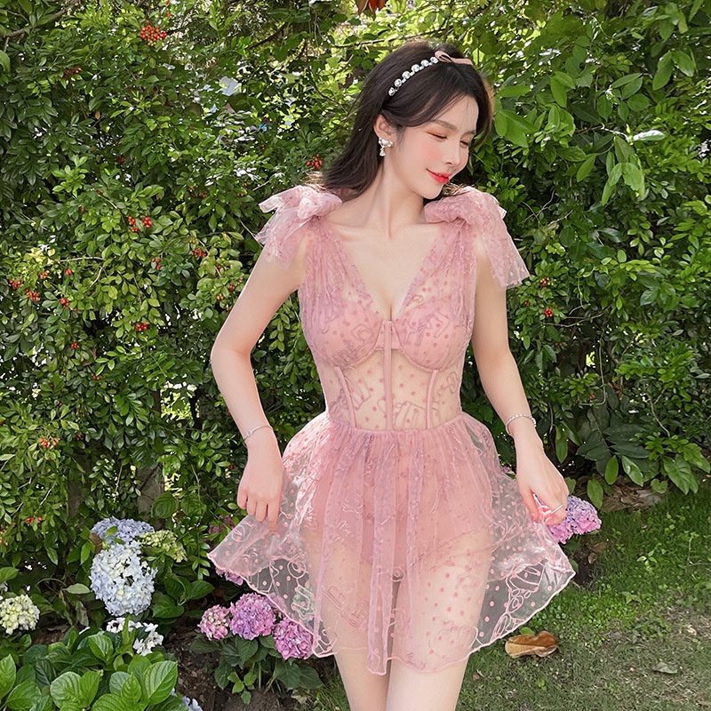 Đầm Bơi Một Mảnh Cổ Chữ V Eo Cao Phối Ren Màu Hồng Sang Trọng Thời Trang Mùa Hè Dành Cho Bạn Nữ