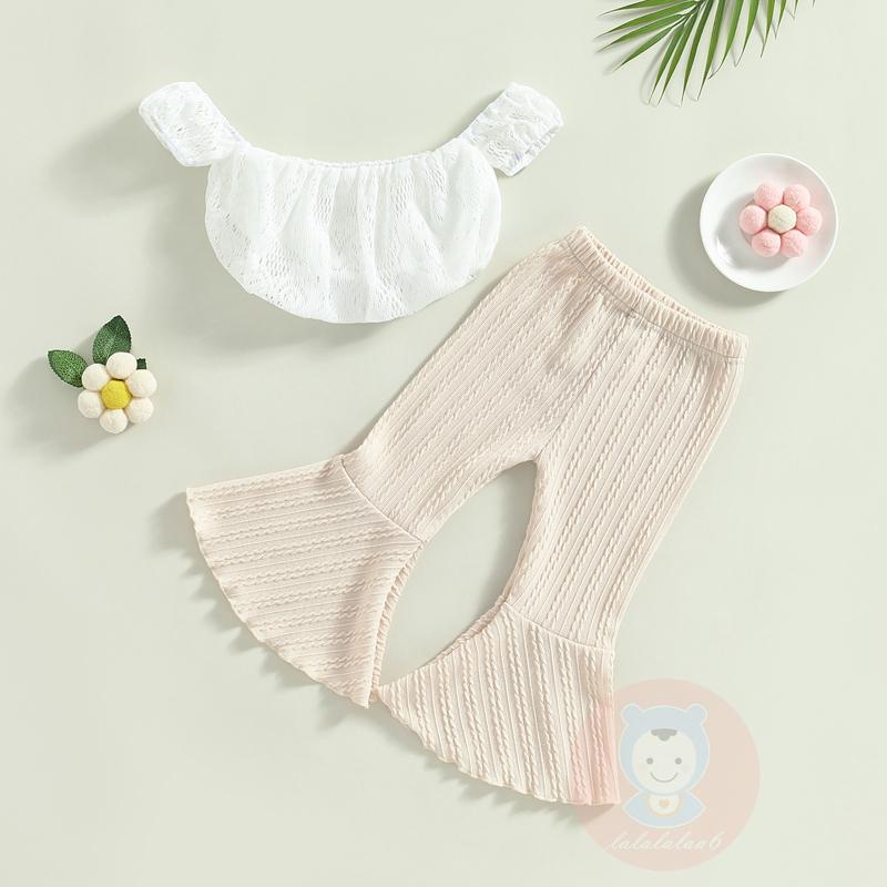 Bộ Áo Thun Trễ Vai Màu Trơn Phối Ren + Quần Ống Loe Co Giãn Thời Trang Mùa Hè Cho Bé Gái LAA6